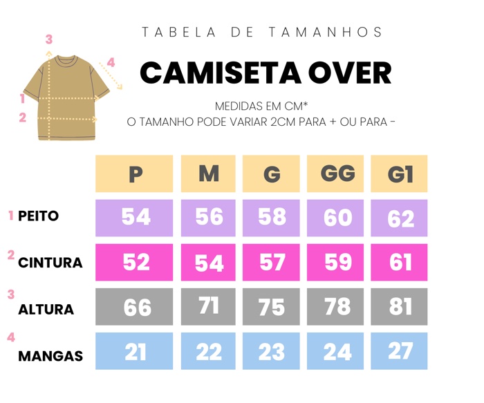 Tabela de tamanhos Oversized Brasil